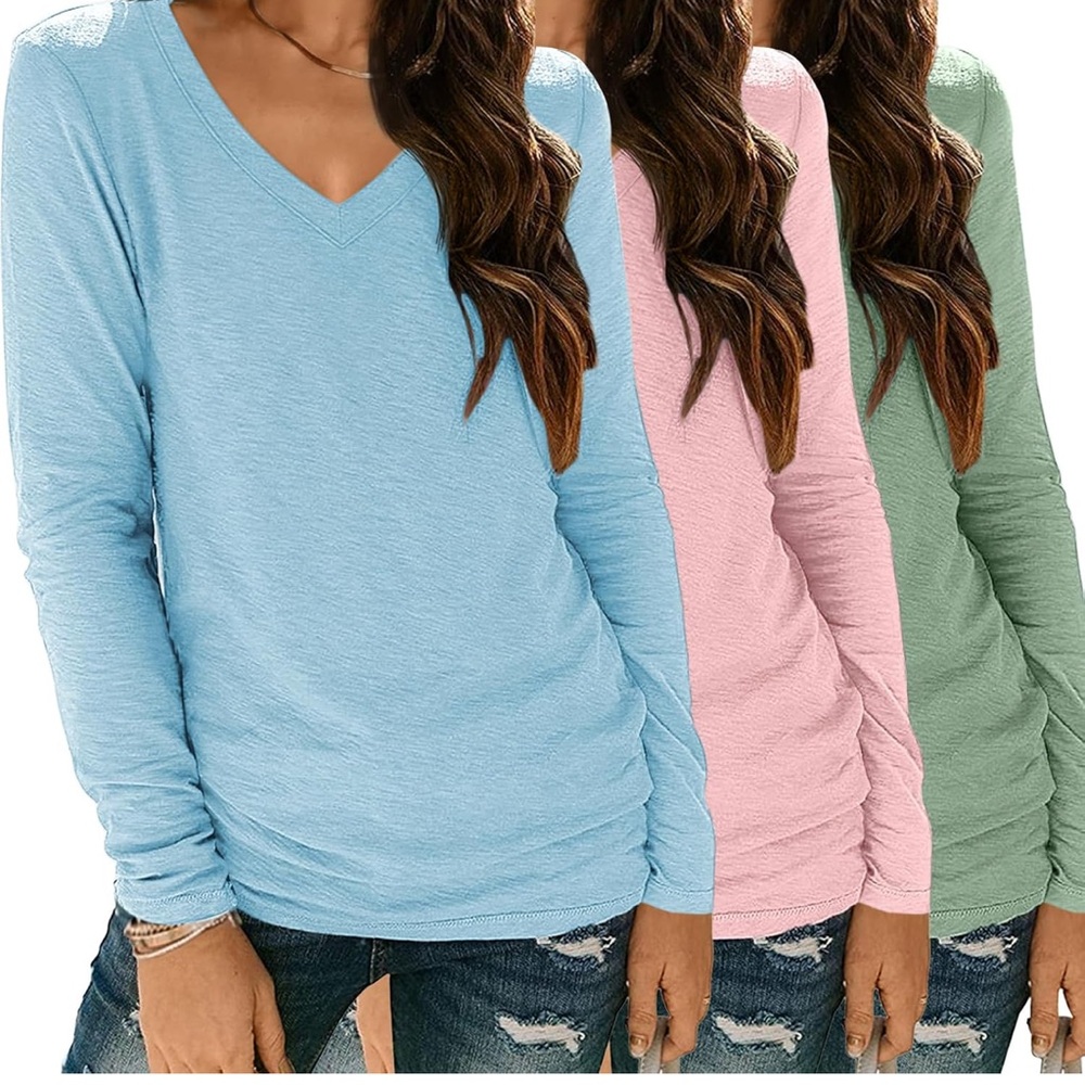Women's V-Neck Long Sleeve Tee - Light Blue, Pink, Green pack of 3 Medium